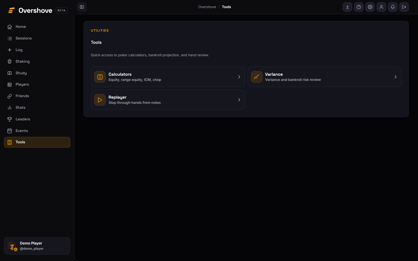 Actual Overshove player tools screen with safe sample information.