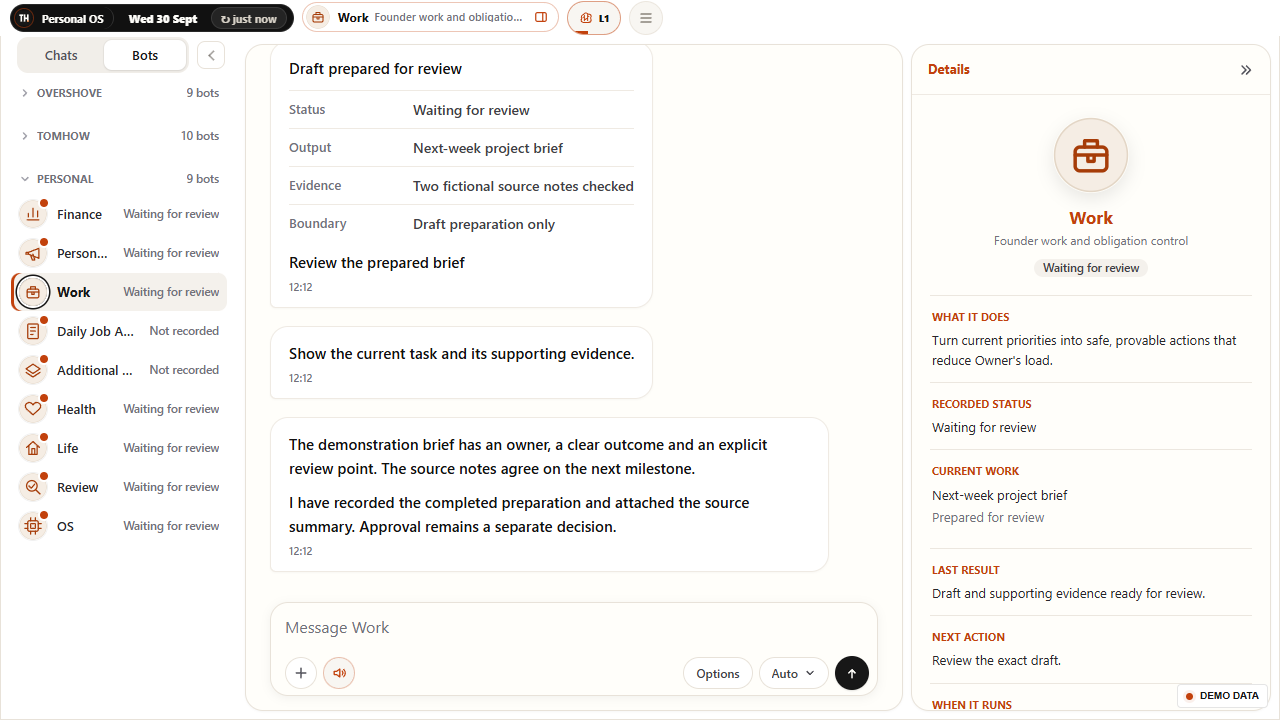 Personal OS Work agent details showing responsibility, current task, result and review boundary.