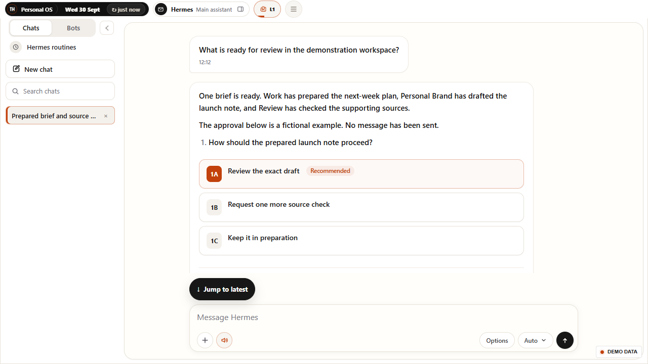 Personal OS Hermes conversation with a fictional prepared brief and suggested review choices.