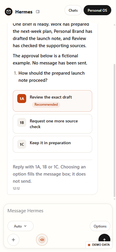 Responsive Personal OS Hermes conversation at 390 pixels wide with three suggested review choices.