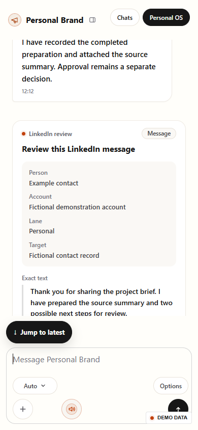 Responsive Personal OS exact-message review card on a phone-sized browser with fictional data.