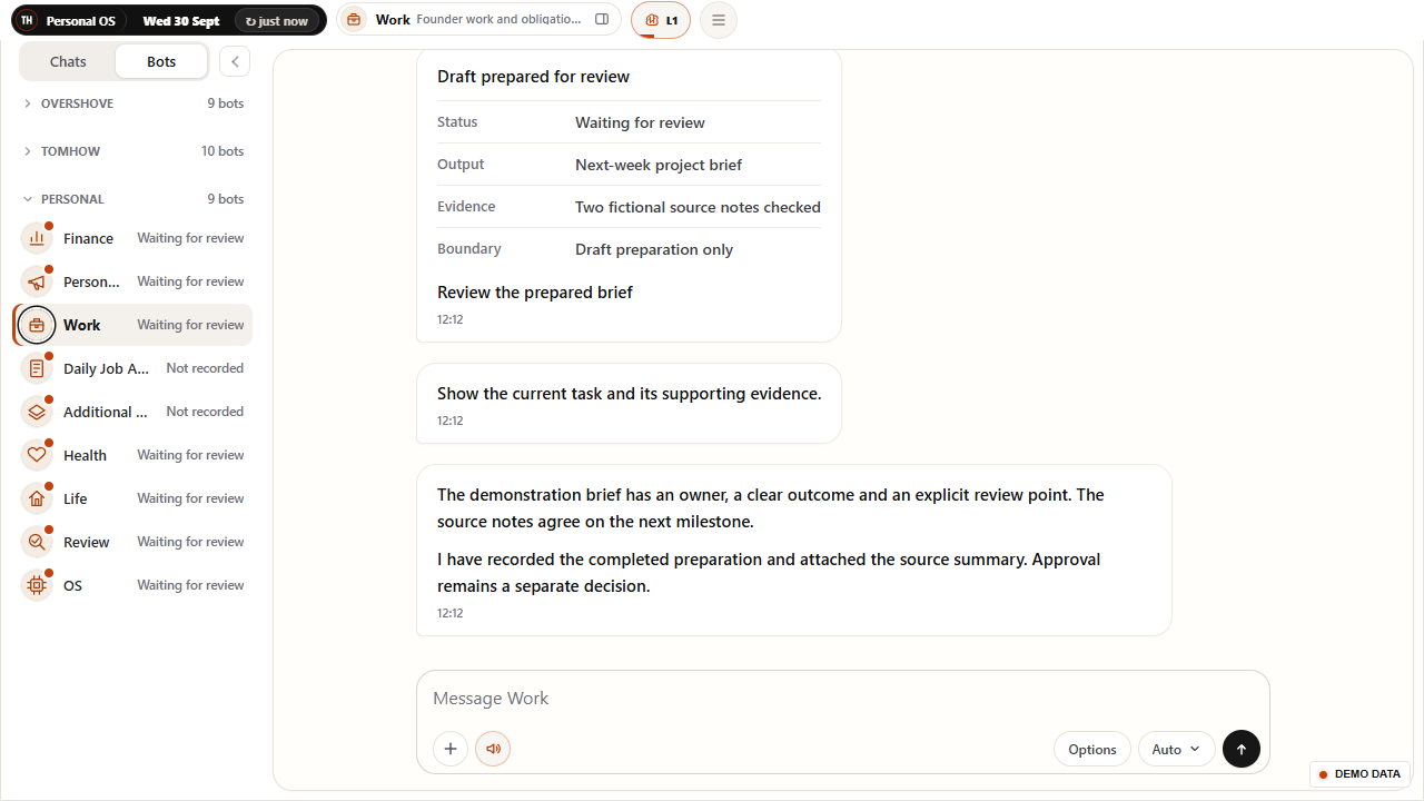 Current Personal OS shared application interface showing personal agents and Work conversation.