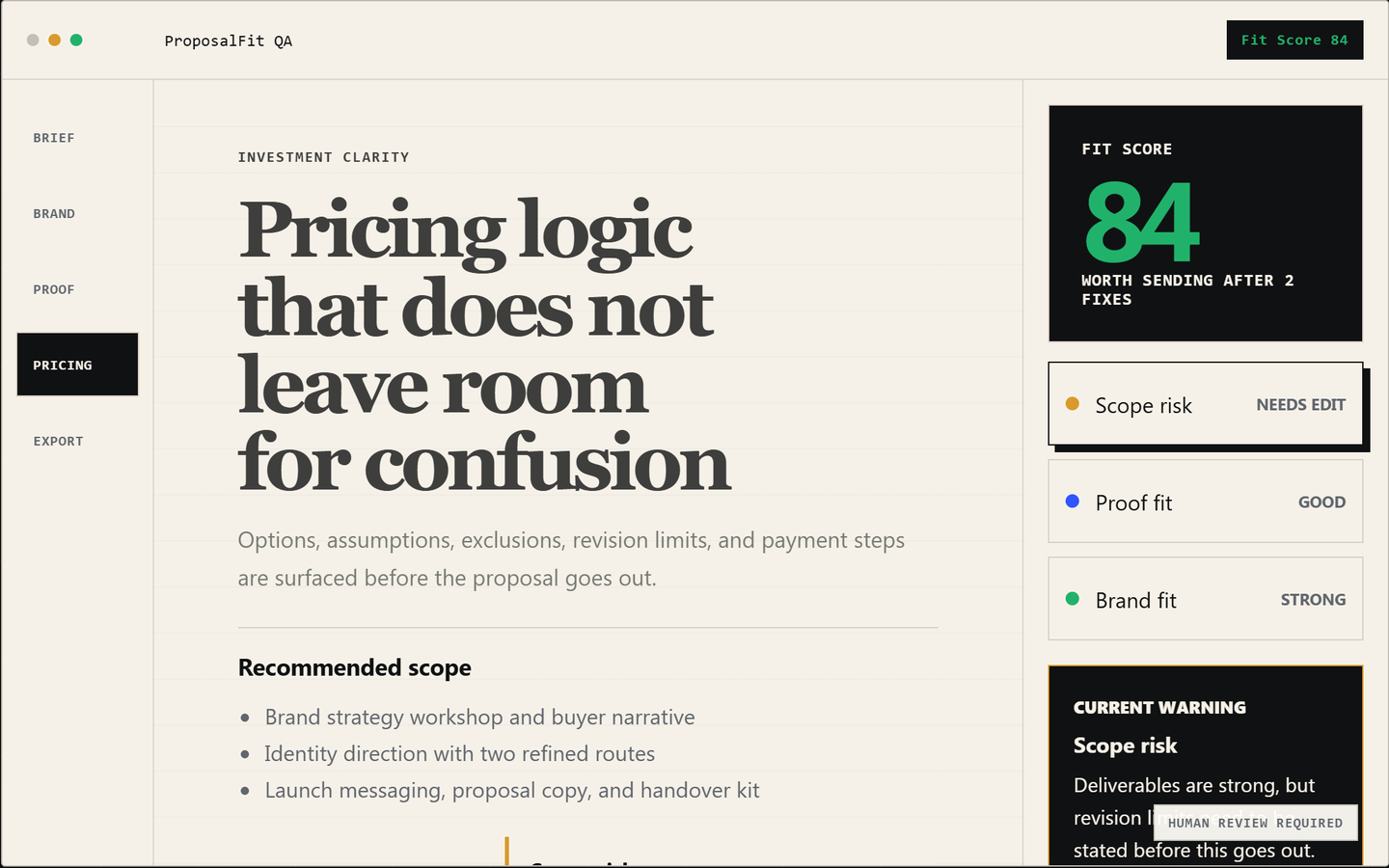 Current ProposalFit pricing-clarity app view using fictional proposal data.