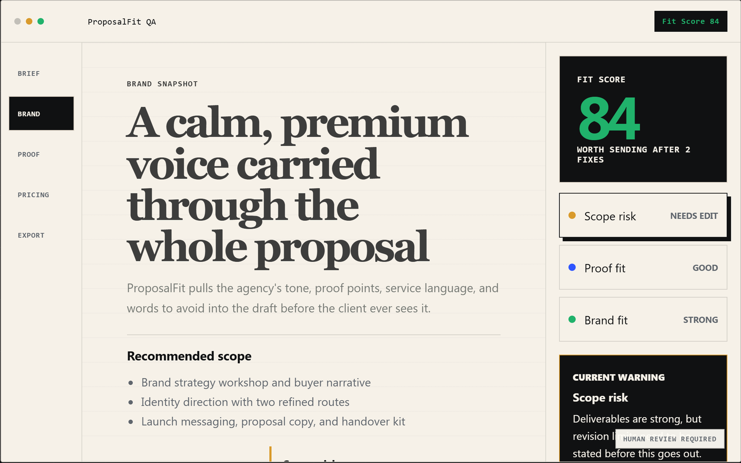 Current ProposalFit brand-fit app view using fictional proposal data.