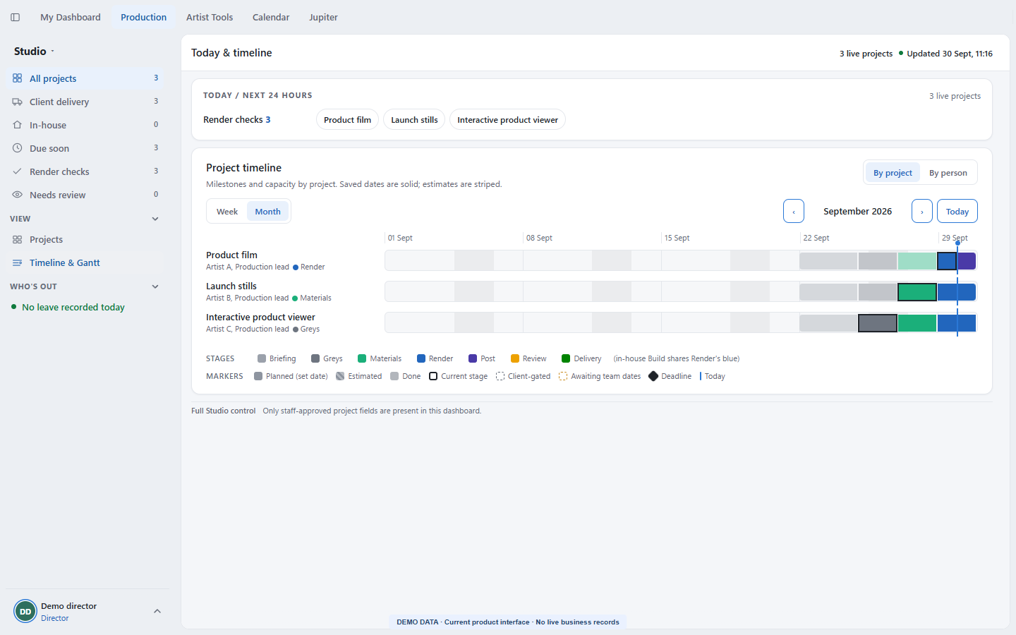 XO3D Studio timeline and Gantt view showing fictional project stages and deadlines.
