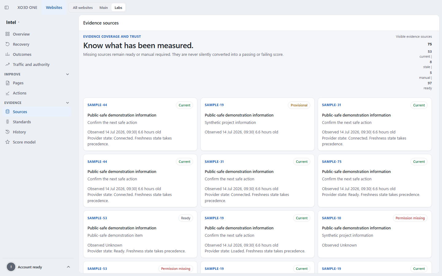 Sanitised XO3D ONE Intel evidence source health view with fictional crawl and search sources.