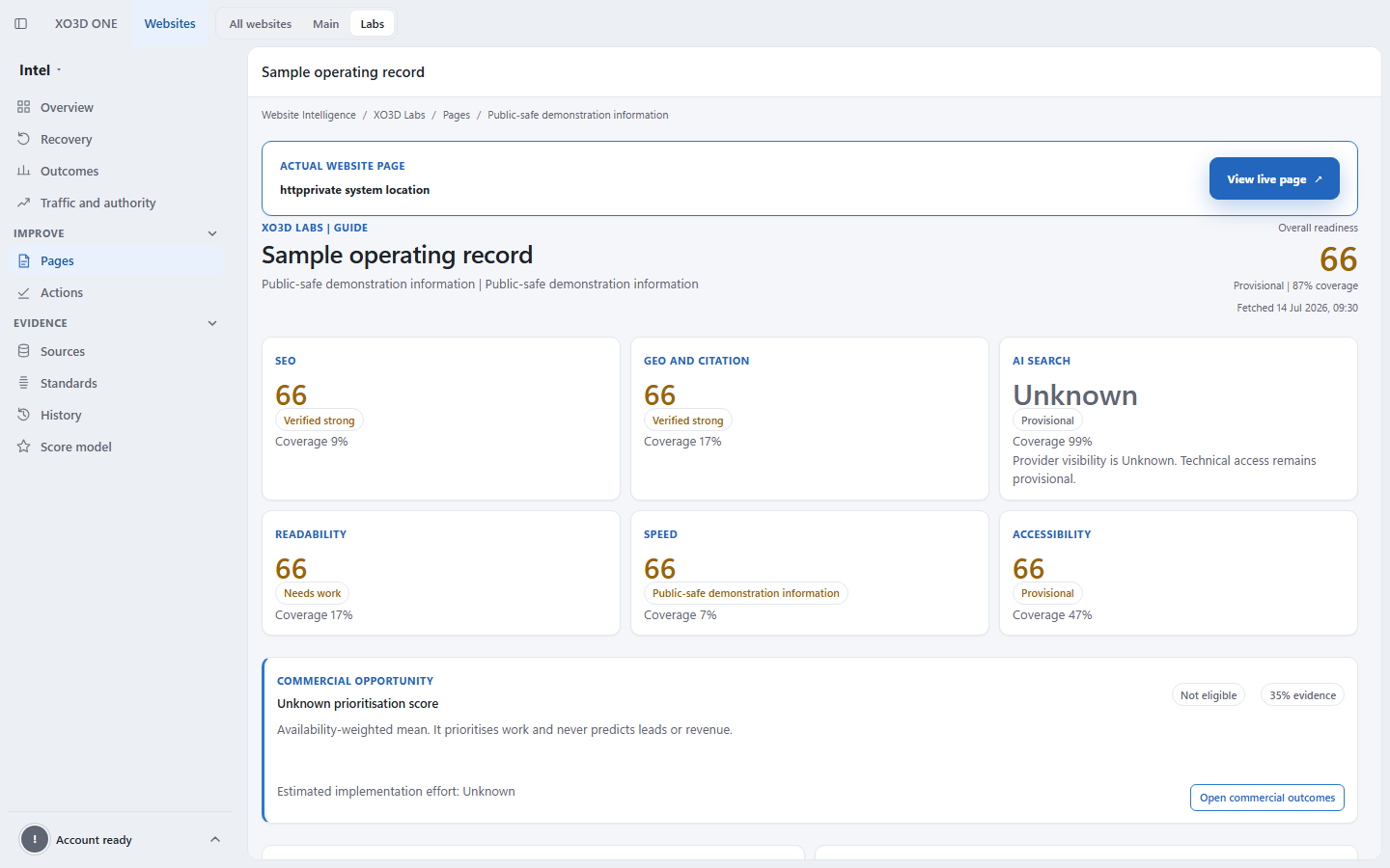 Sanitised XO3D ONE Intel page detail with fictional SEO evidence, actions and history.